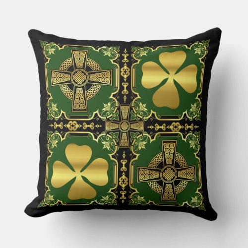 Irish Celtic crossblackgoldgreen cross shamrock Throw Pillow