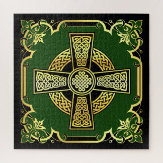 Irish Celtic cross/black/gold/green fancy design Jigsaw Puzzle