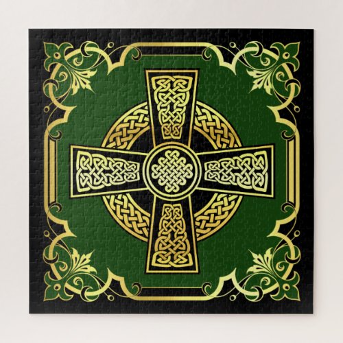 Irish Celtic crossblackgoldgreen fancy design Jigsaw Puzzle
