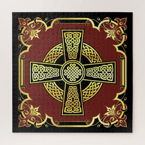 Irish Celtic crossblackgoldred fancy design Jigsaw Puzzle