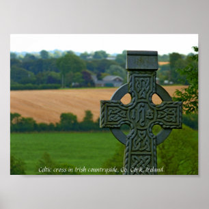 Irish Celtic Cross, Ireland countryside Poster