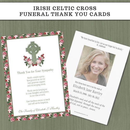 IRISH CELTIC CROSS RED  PINK ROSES RELIGIOUS  THANK YOU CARD