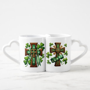 IRISH CELTIC CROSSES WITH GREEN SHAMROCKS COFFEE MUG SET