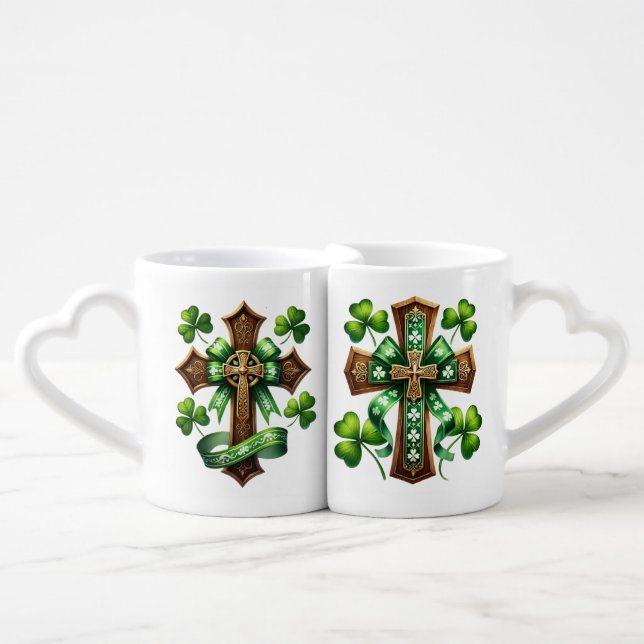 IRISH CELTIC CROSSES WITH GREEN SHAMROCKS COFFEE MUG SET (Front Nesting)