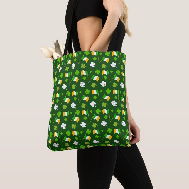 IRISH CELTIC GREEN SHAMROCKS & FLAG OF IRELAND TOTE BAG (Close Up)