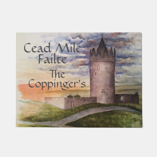 Irish Celtic Greeting Castle Watercolor Doormat (Front)