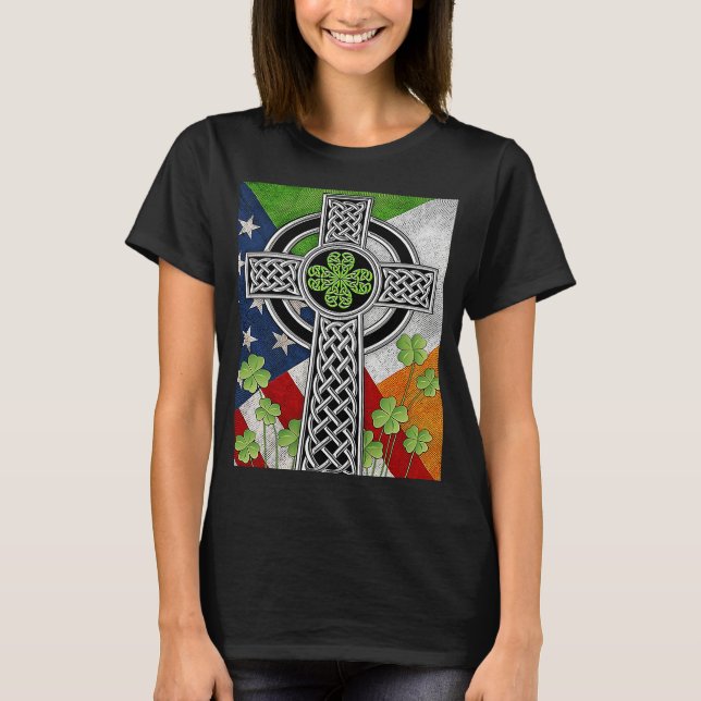 Irish Celtic Knot Cross American Flag USA T-Shirt (Front)