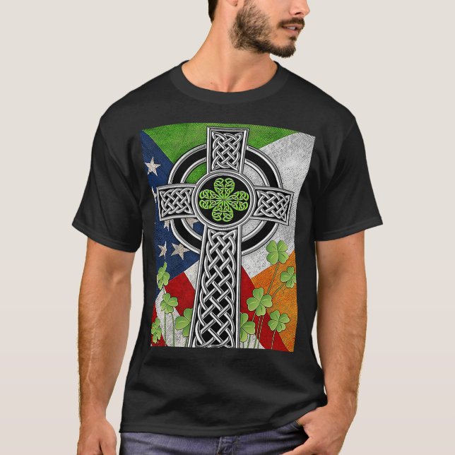 Irish Celtic Knot Cross American Flag USA T-Shirt (Front)