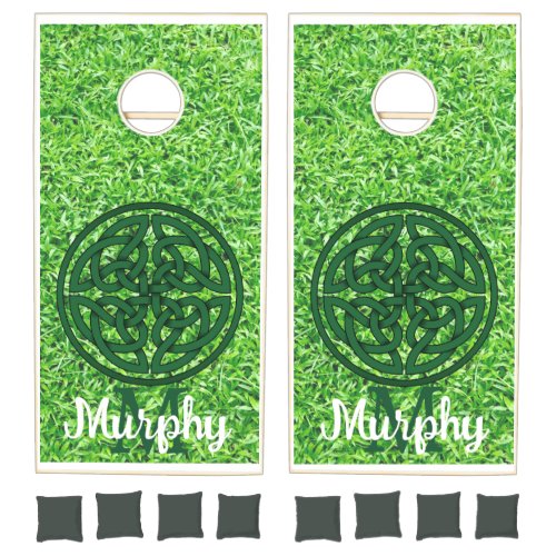 Irish Celtic knot grass monogram family name  Cornhole Set