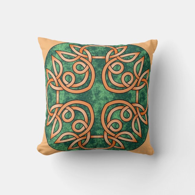 Irish Celtic Knot Green and Orange Throw Pillow (Front)
