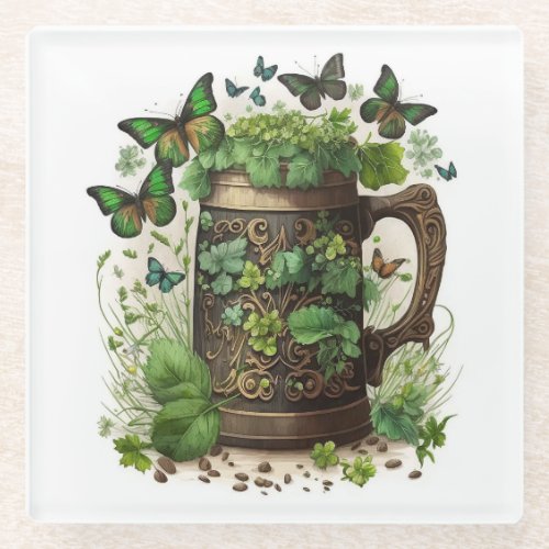 IRISH CELTIC MUG OF GREEN SHAMROCKS  BUTTERFLIES GLASS COASTER