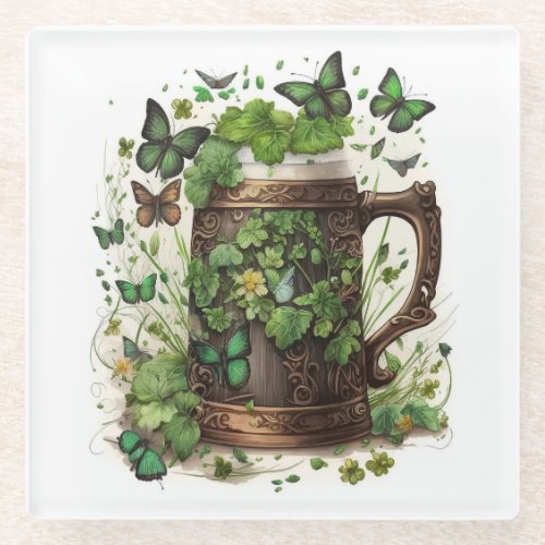 IRISH CELTIC MUG OF GREEN SHAMROCKS  BUTTERFLIES GLASS COASTER