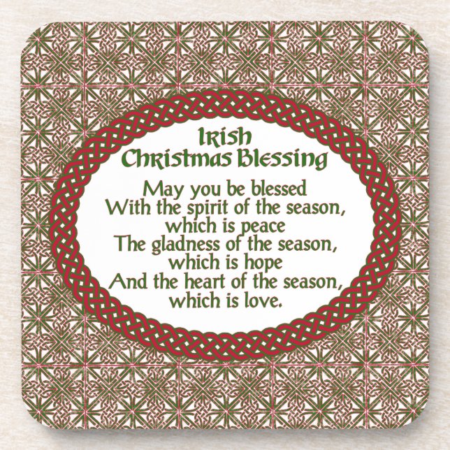 Irish Christmas Blessing, Red Green Celtic Holiday Drink Coaster (Front)