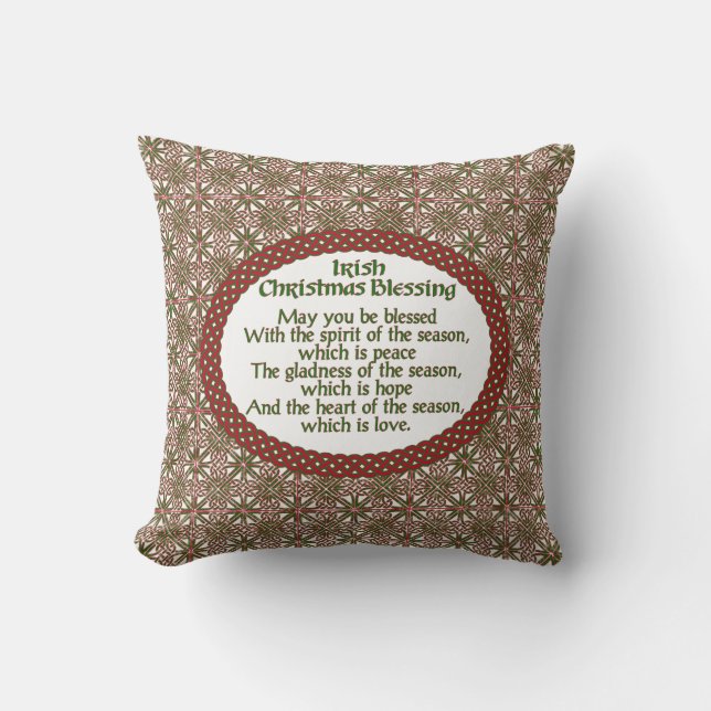 Irish Christmas Blessing, Red Green Celtic Holiday Throw Pillow (Front)