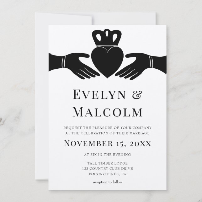 Irish Claddagh Ring Simple Black and White Wedding Invitation (Front)