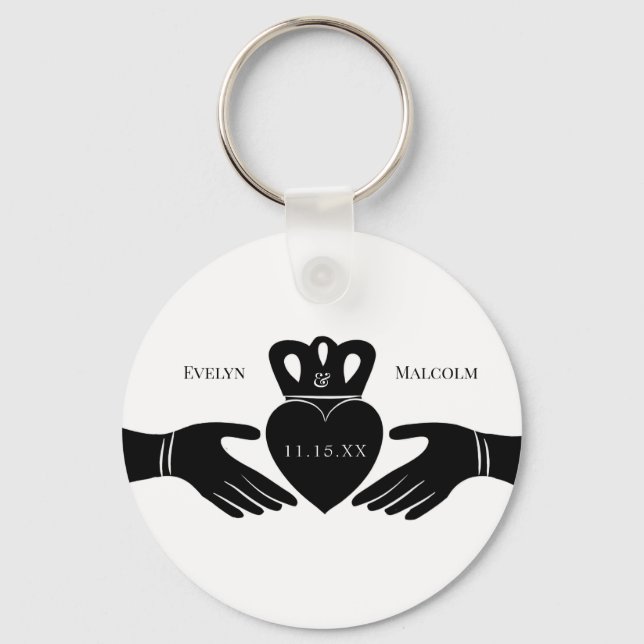 Irish Claddagh Ring Simple Black and White Wedding Keychain (Front)