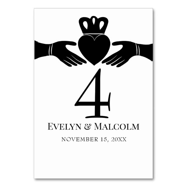Irish Claddagh Ring Simple Black and White Wedding Table Number (Front)