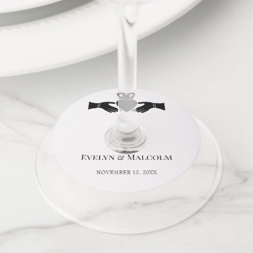 Irish Claddagh Ring Simple Black and White Wedding Wine Glass Tag