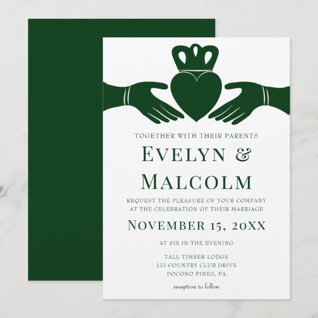 Irish Claddagh Ring Simple Graphic Green Wedding Invitation (Front/Back)