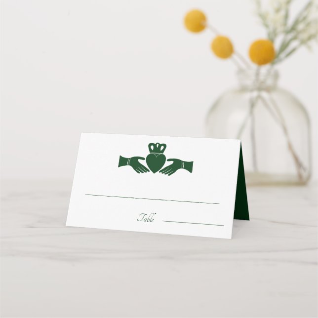Irish Claddagh Ring Simple Graphic Green Wedding Place Card (Front)