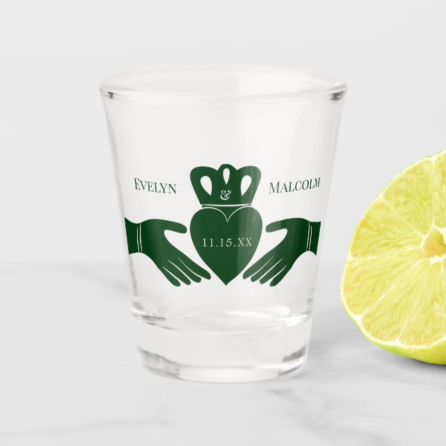 Irish Claddagh Ring Simple Graphic Green Wedding Shot Glass (Front)