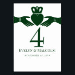 Irish Claddagh Ring Simple Graphic Green Wedding Table Number<br><div class="desc">These wedding table number cards have a simple hand drawn style illustration of an Irish claddagh heart traditionally found on claddagh rings. The graphic is in a dark hunter or forest green set against a white background</div>