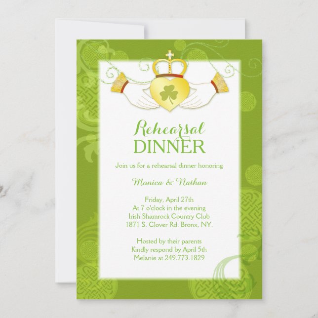 Irish Claddagh Ring Wedding Rehearsal Dinner Invitation (Front)