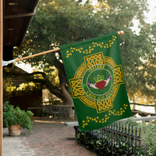 Irish Claddagh w/Golden Celtic Cross Personalized House Flag