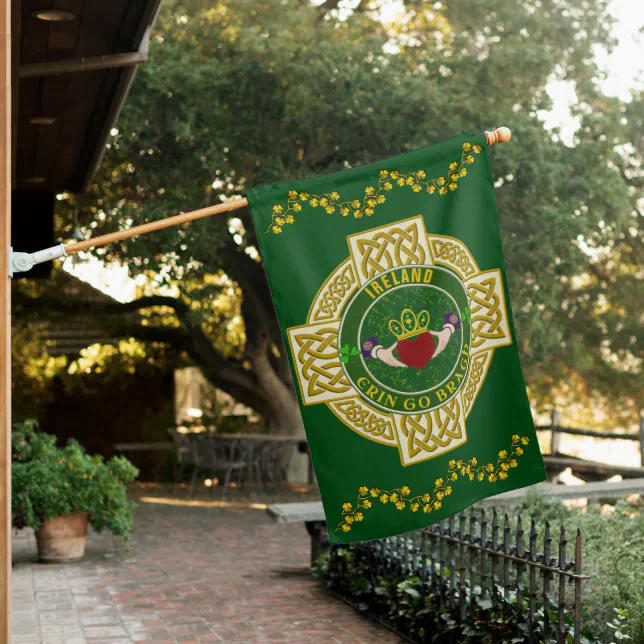 Irish Claddagh w/White Celtic Cross Personalized House Flag