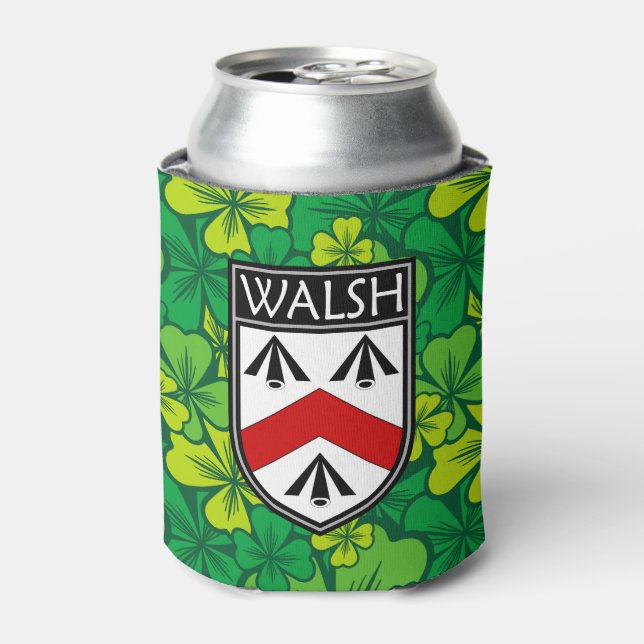 Irish - Clan Walsh Crest & Shamrock Can Cooler (Can Front)