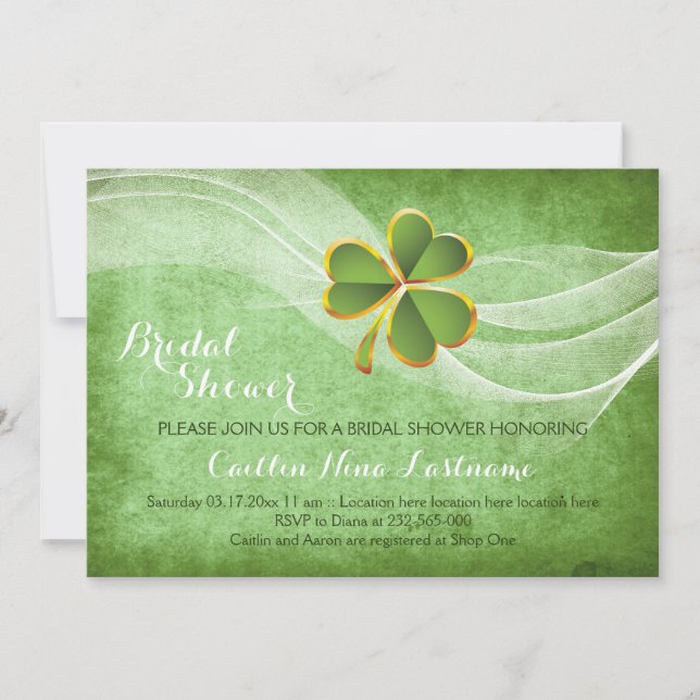 Irish clover and veil green wedding bridal shower invitation (Front)