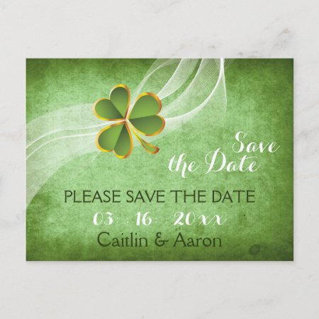 Irish Clover And Veil Green Wedding Save The Date Announcement Postcar