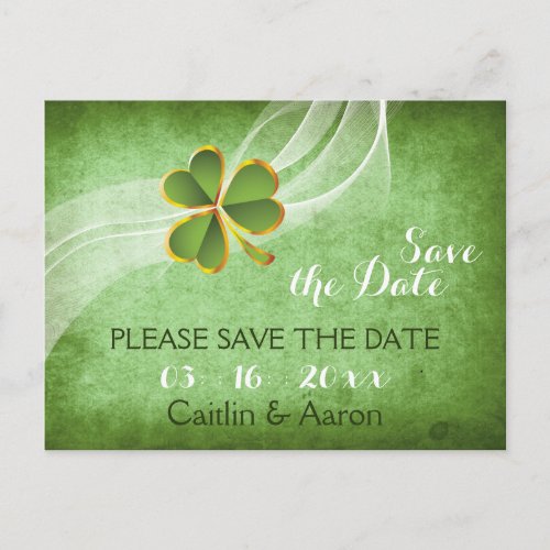 Irish clover and veil green wedding Save the Date Announcement Postcard