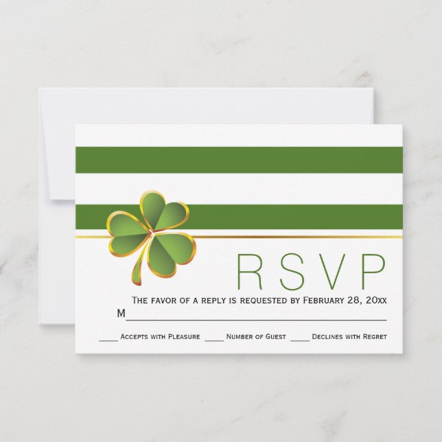 Irish clover green, white stripes wedding RSVP (Front)