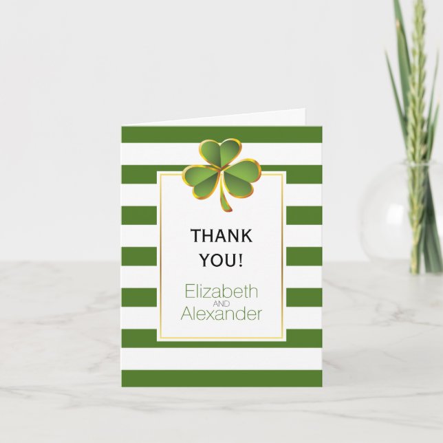 Irish clover green white stripes wedding Thank You (Front)