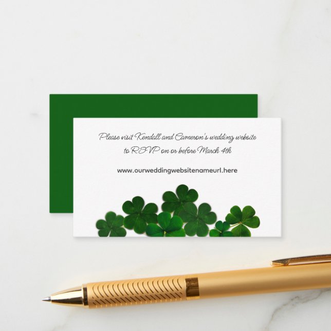 Irish Clover March Wedding Website Reply Enclosure Card (Front/Back In Situ)