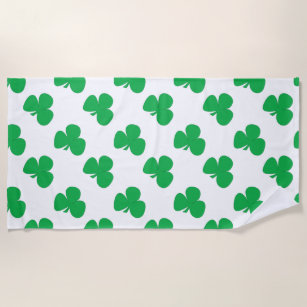 Irish Clover St. Patrick's Day vibrant green white Beach Towel
