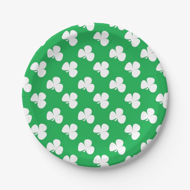 Irish Clover St. Patrick's Day vibrant green white Paper Plates (Front)