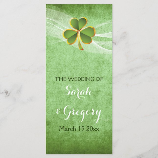 Irish clover & veil green wedding progam program (Front)