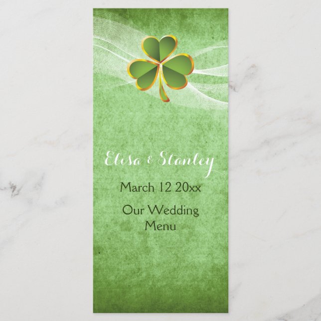 Irish clover & veil wedding green menu card (Front)