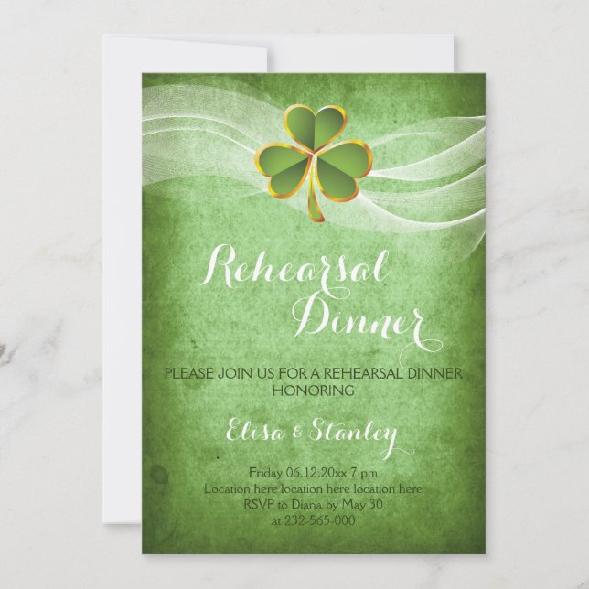 Irish clover & veil wedding rehearsal dinner invitation (Front)