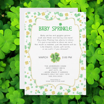 Irish Clovers Baby Sprinkle  Neutral Green Gold Invitation by lemontreecards at Zazzle