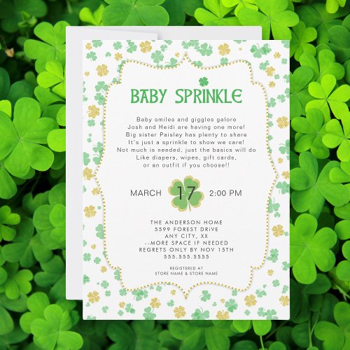 Irish Clovers Baby Sprinkle neutral green gold Invitation