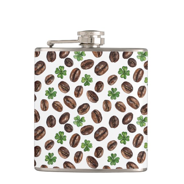 Irish Coffee Beans and Shamrocks Funny Design Flask (Front)