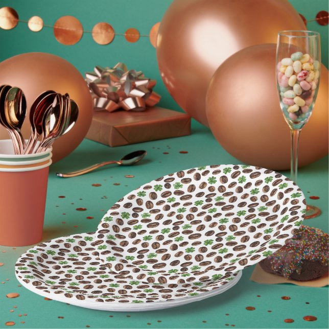 Irish Coffee Beans and Shamrocks Funny Design Paper Plates (Multi)