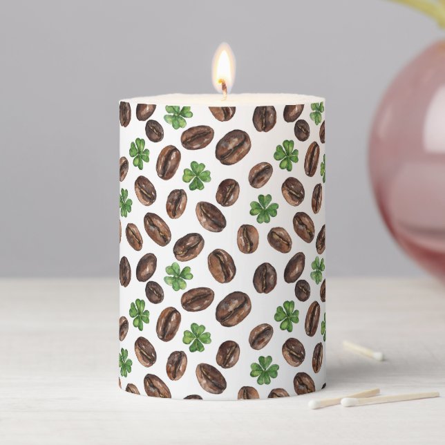 Irish Coffee Beans and Shamrocks Funny Design Pillar Candle (In Situ)