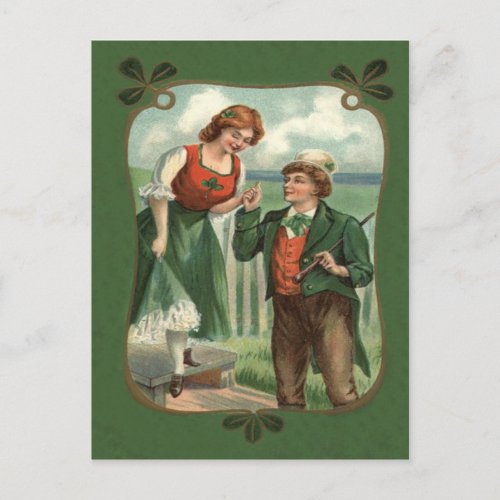 Irish Couple Shillelagh Shamrock Postcard