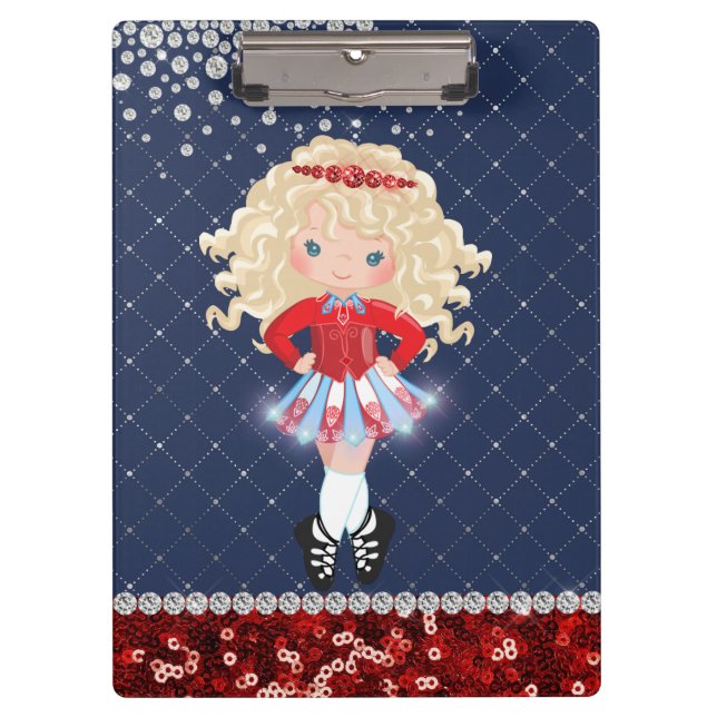 Irish Dance Blond Girl Soft Shoe Blue, Red Clipboard (Front)