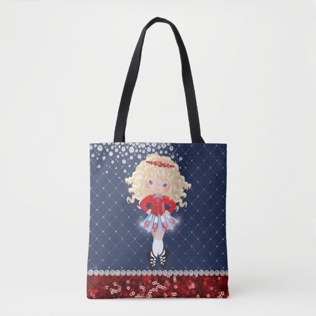 Irish Dance Blond Girl Soft Shoe Blue, Red Tote Bag (Front)