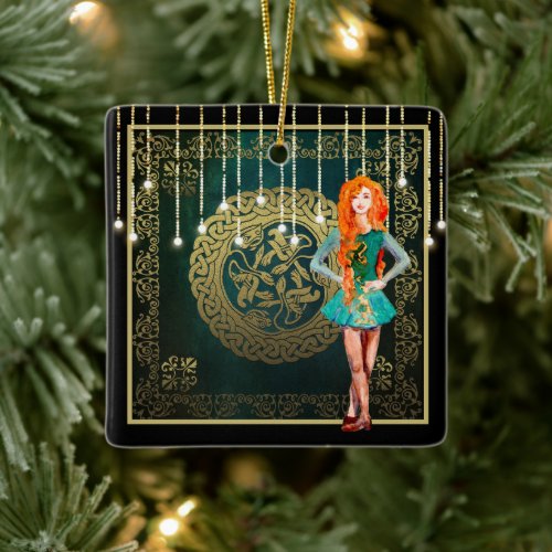 Irish Dance Green and Gold Celtic Knot Christmas Ceramic Ornament